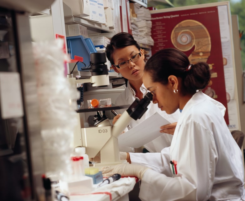two scientists working together in a lab with a microscope